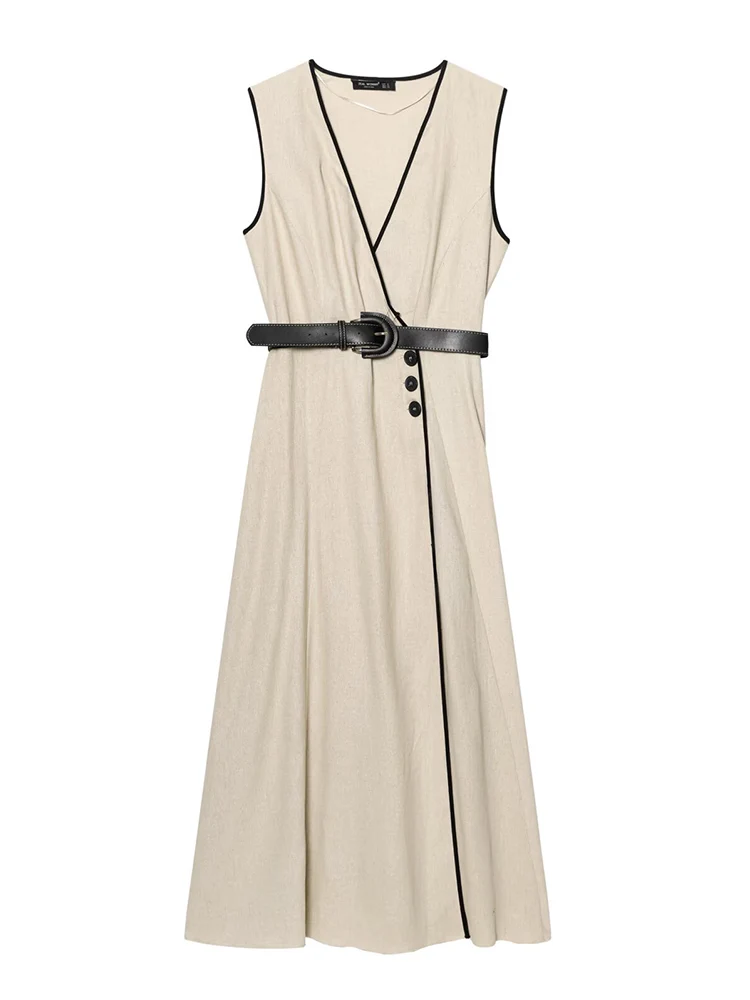 TFMLN 2025 New Women's Belt Midi Dress Fashion V-Neck Sleeveless Female Chic Vintage Summer Dresses Elegant OL Streetwear