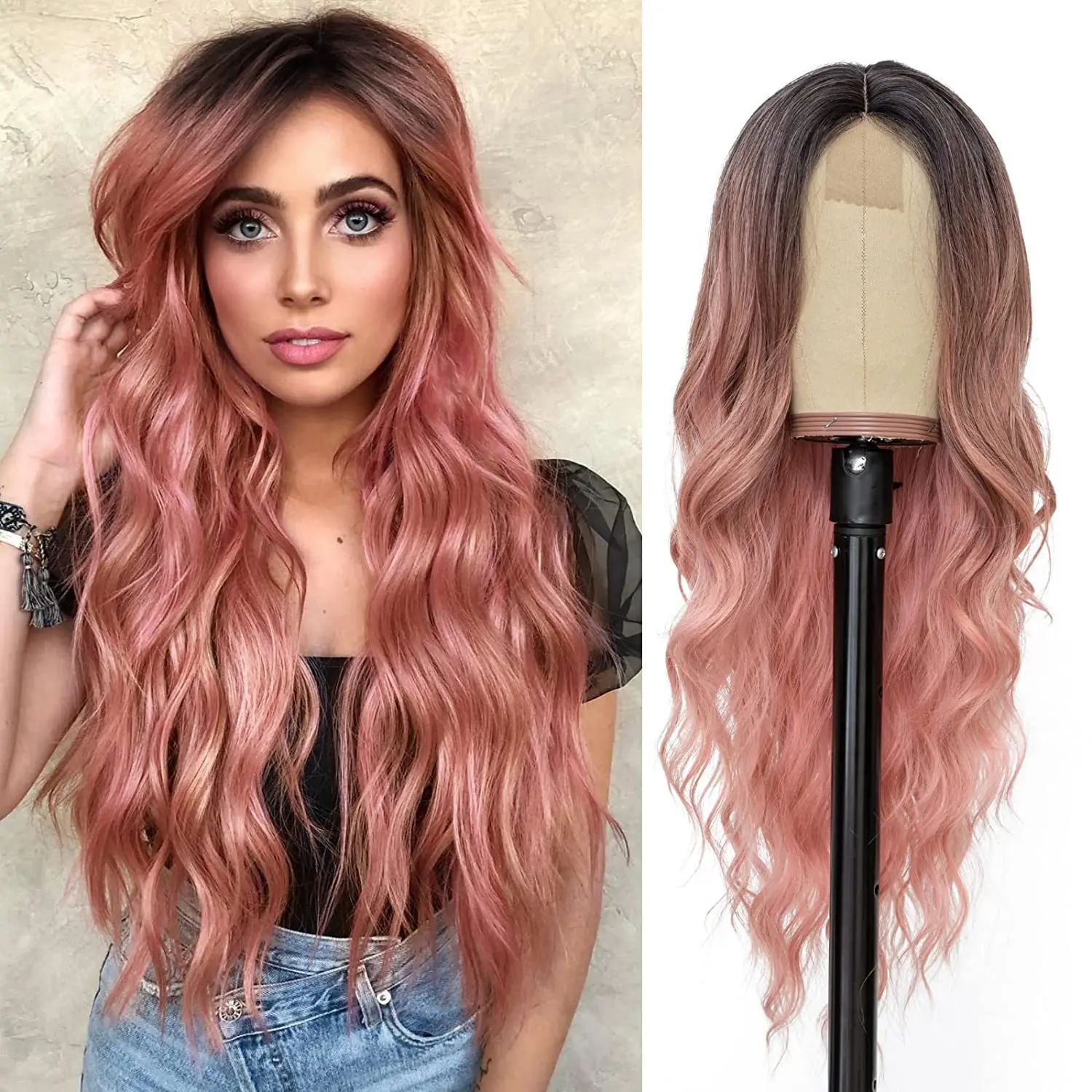 

18Color Cross border women's long curly small lace wigs gradient pink center split large wave hair headband lace wig
