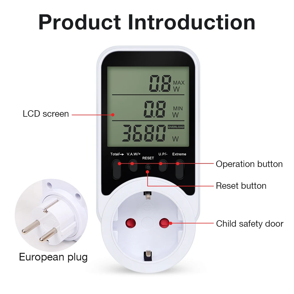 AC Power Meter Socket LCD Display Wattmeter Energy Tester KWH Electricy Consumption Metering Current Voltage Power Monitor