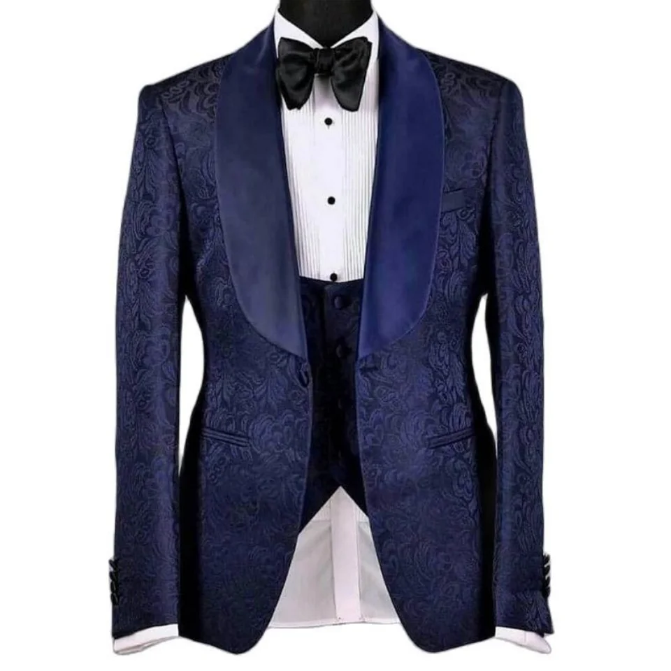 

Lansboter Navy Blue Floral Jacquard Groom Tuxedo For Wedding Slim Fit 3 Piece Men Suit Jacket Waistcoat With Black Pants Male