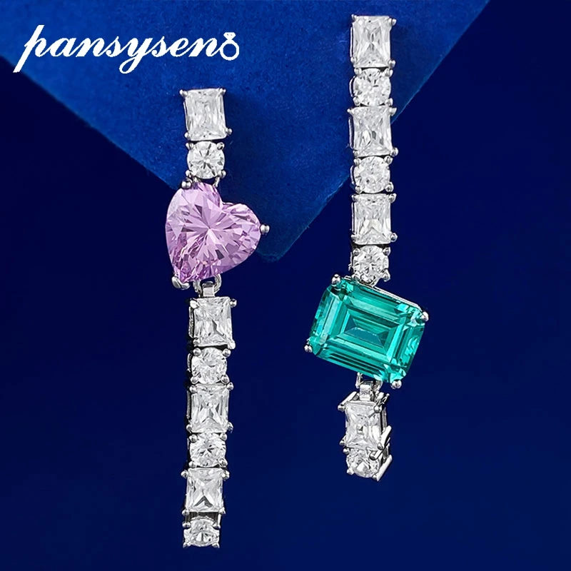 

PANSYSEN 100% 925 Sterling Silver Emerald Heart Cut Emerald Sapphire Gemstone Drop Earrings Wedding Party Fine Jewelry for Women