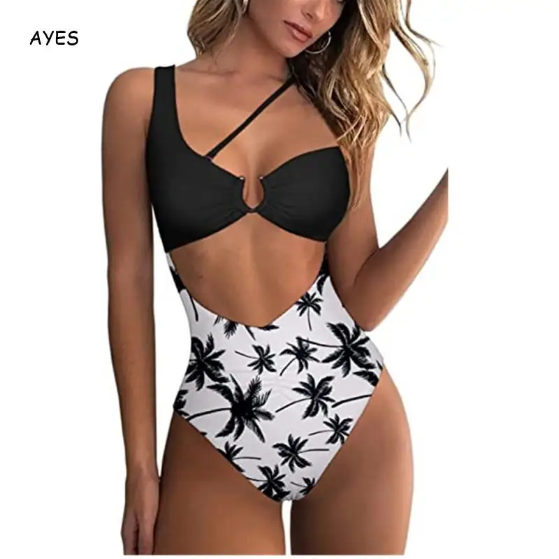 New One Piece Swimsuit Hollow Sexy Suspenders Swimwear Leaf Print High Waist Bikini Swimsuit 2022 Summer maillot de bain femme