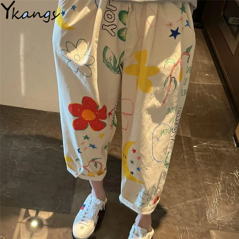Cartoon Graffiti Korean Fashion Casual Loose Pants Women Elastic High Waist Flower Print Thin Trousers Summer Street Harem Pants