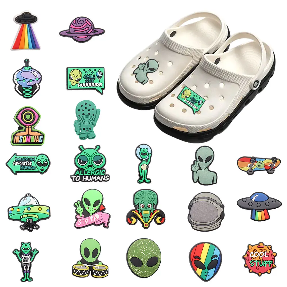 

Mix 50PCS PVC Shoe Charms Buckle UFO Planet Alien Skateboard Kit Drum Helmet Cool Stuff Chill Out Garden Shoes Button Decoration