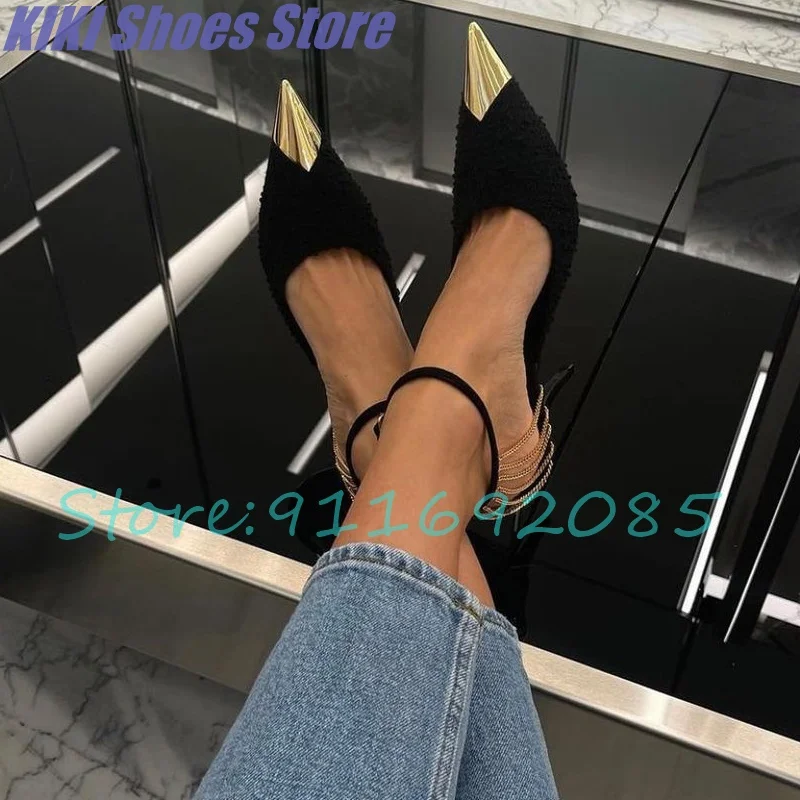 

French ladies fashion high-heeled stiletto iron chain pointed toe shallow buckle shoes