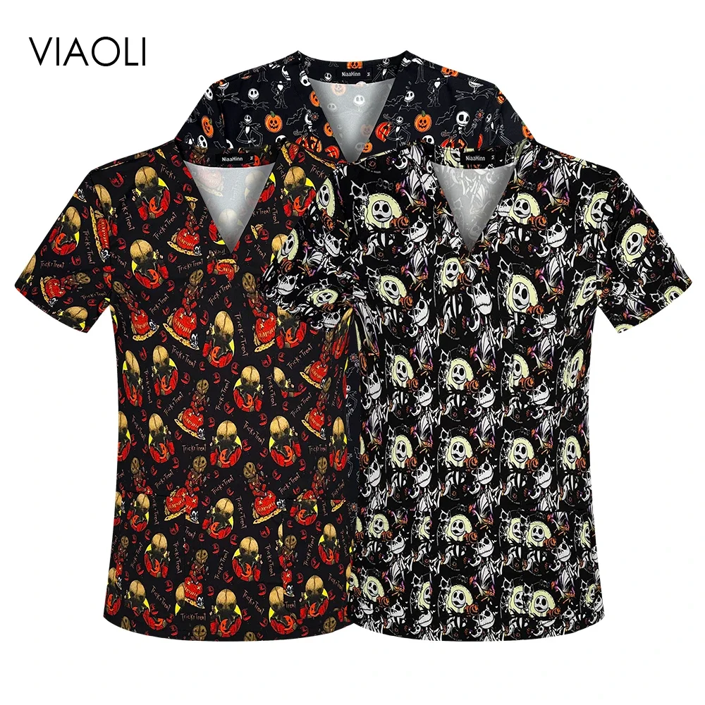 

Скраб Топы с принтом горячая распродажа новые хлопковые костюмы с принтом для Хэллоуина для больницы медицинская Скраб рубашка унисекс