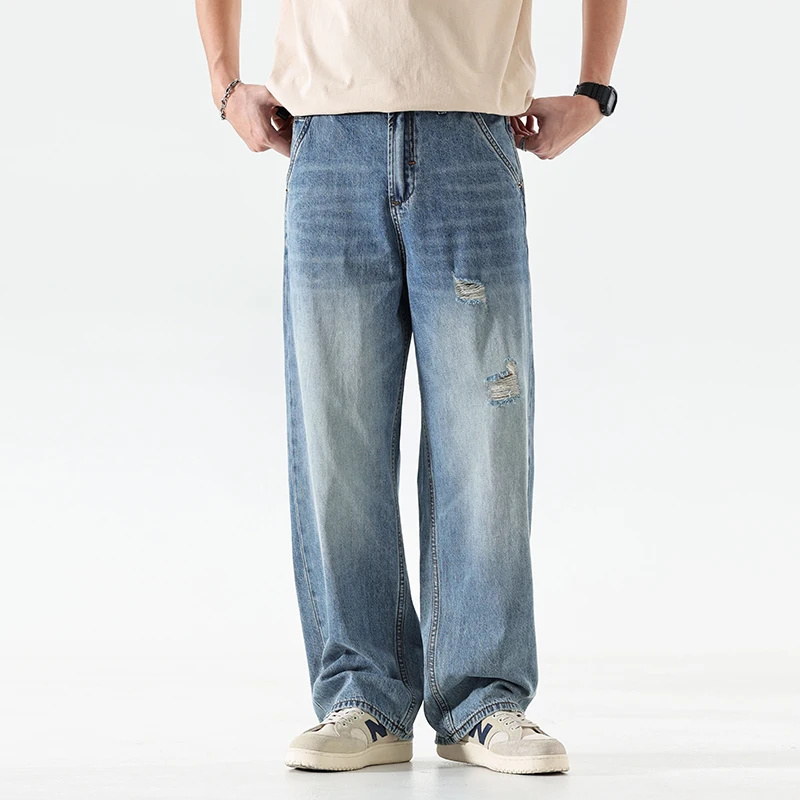 High-end retro holes casual jeans American wash blue loose straight pants Draped pants wide-leg summer thin men's pants