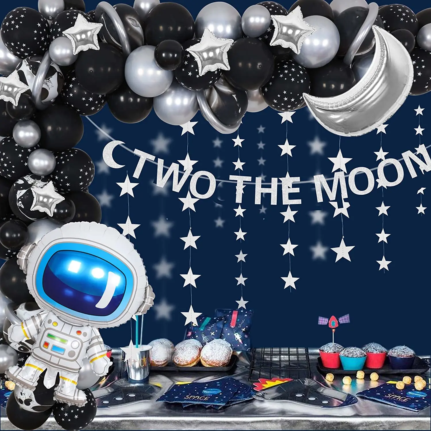 

Funmemoir Two The Moon 2nd Birthday Party Decorations for Boy Space Theme Party Supplies Astronaut Star Moon Balloon Garland Kit