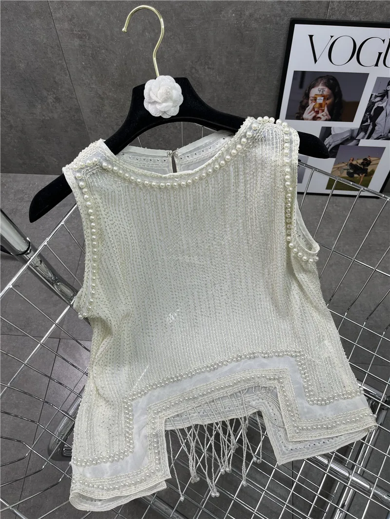 

Net Red Fashionable Female Camisole All-match O-neck Loose Sleeveless Tanks Top Tassel Beading Spice Girls Vests Camis Casual