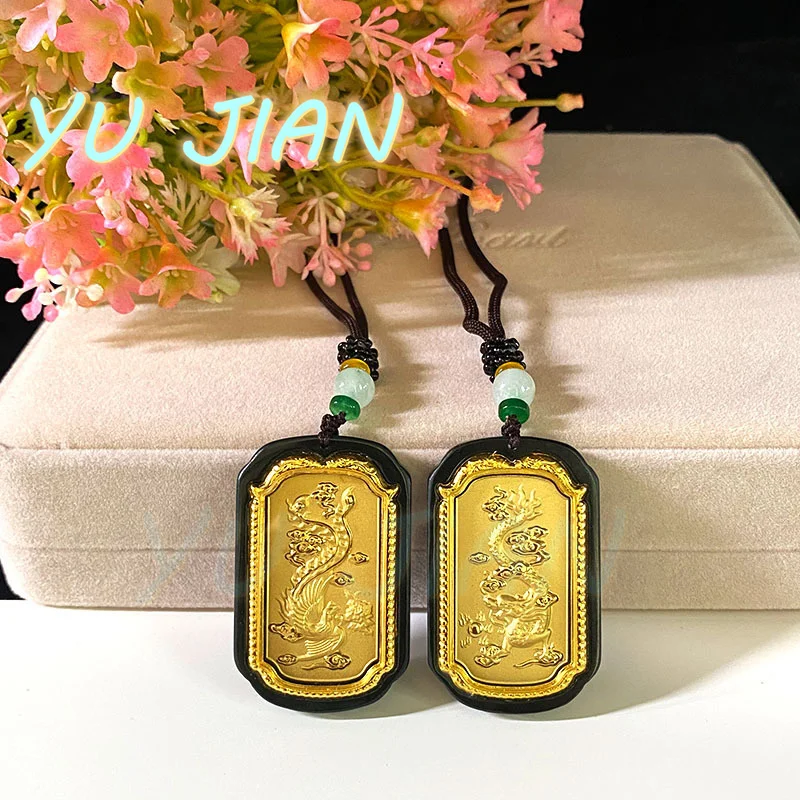 Natural Hetian Moyu Dragon Phoenix Carving Handmade Guanyin Buddha Jade-Pendant Gold-Inlaid Jade Gold Necklace Chain Jewelry
