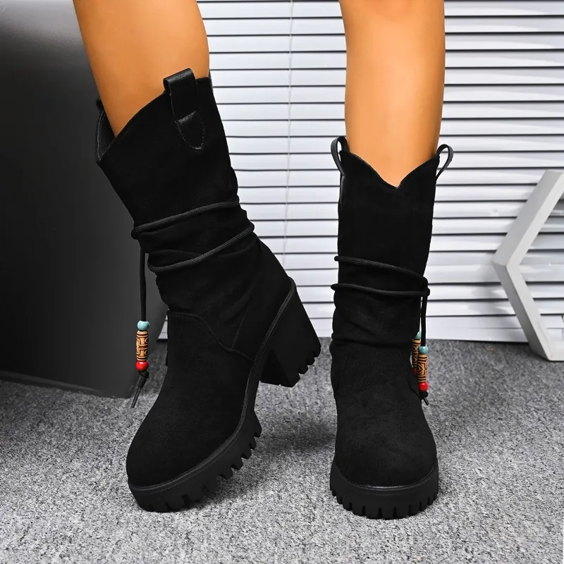 Suede Platform Mid-Tubular Shoes Round Toe Sleeve Platform Anti-Slip Wear-Resistant Thick Heel Single Shoes