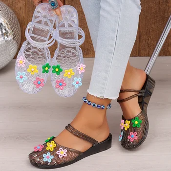 Korean Colorful Flower Transparent PVC Jelly Sandals Woman Summer 2026 Beach Wedges Heel Slippers Ladies Slingback Half Slippers