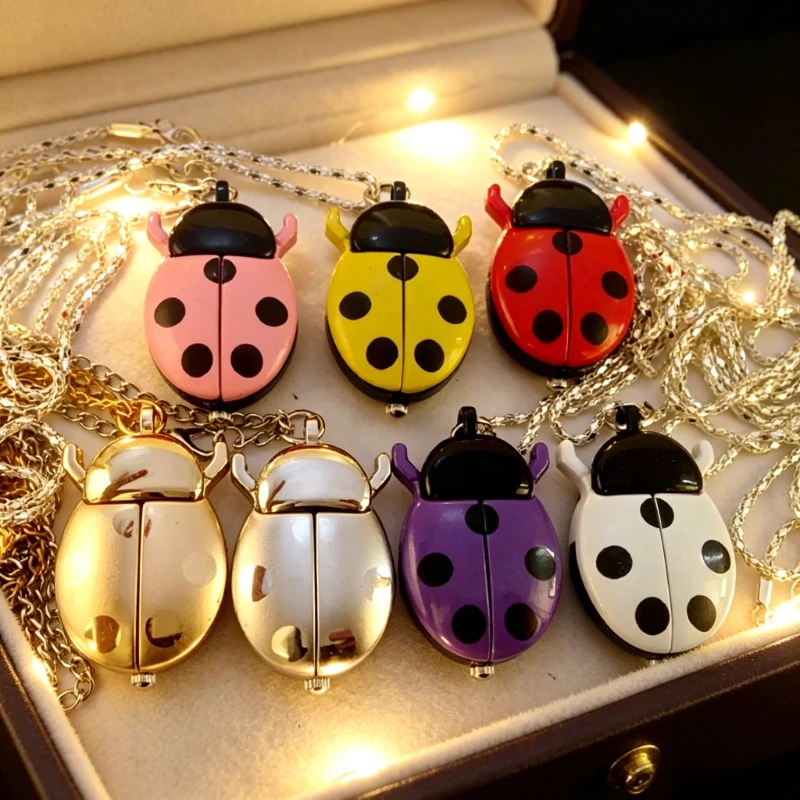 Fashion Small Golden Beetle Pocket Watches Cute New Adult Children Ladybug Watch with Chain Lightweight Necklace Pendant Clock