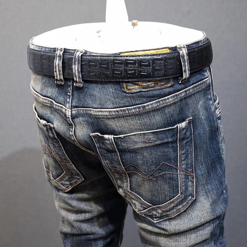 Fashion Designer Men Jeans High Quality Retro Black Blue Elastic Slim Ripped Jeans Men Embroidery Patched Vintage Pants Hombre