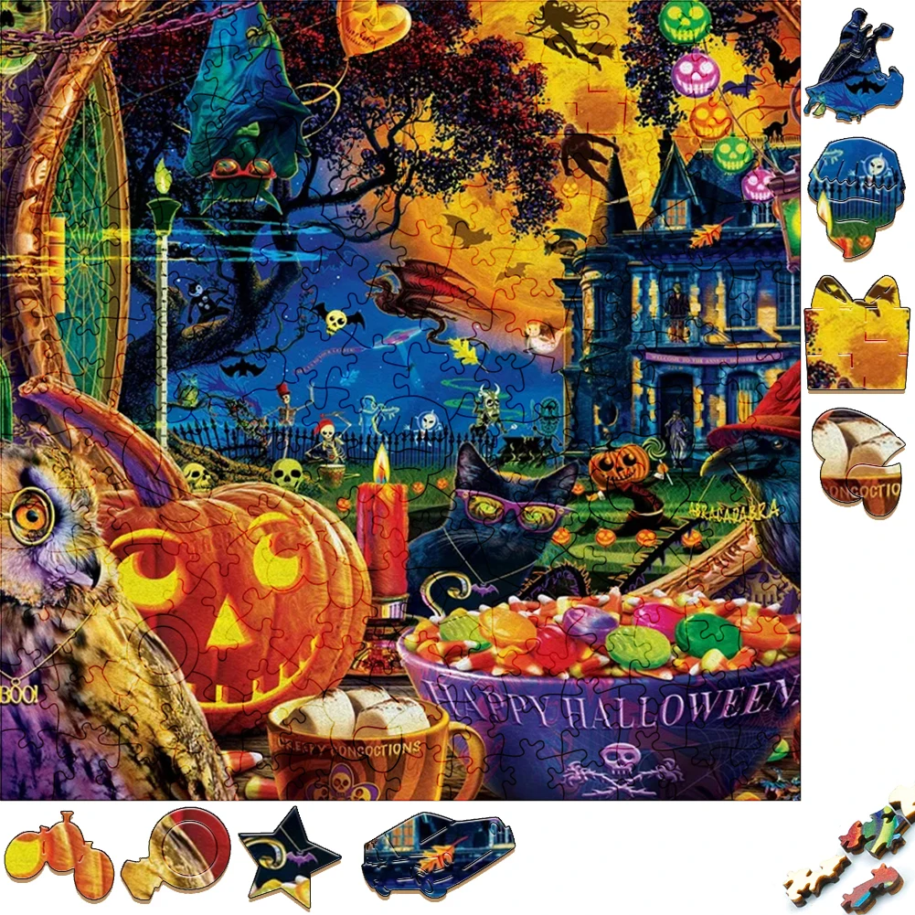 Unique Wooden Puzzles Halloween Castle Pumpkins Wood Jigsaw Puzzle Craft Irregular Family Interactive Puzzle Gift for Friend Toy comfortable wooden puzzles lake house fishing wood jigsaw puzzle craft irregular family interactive puzzle gift for friend game