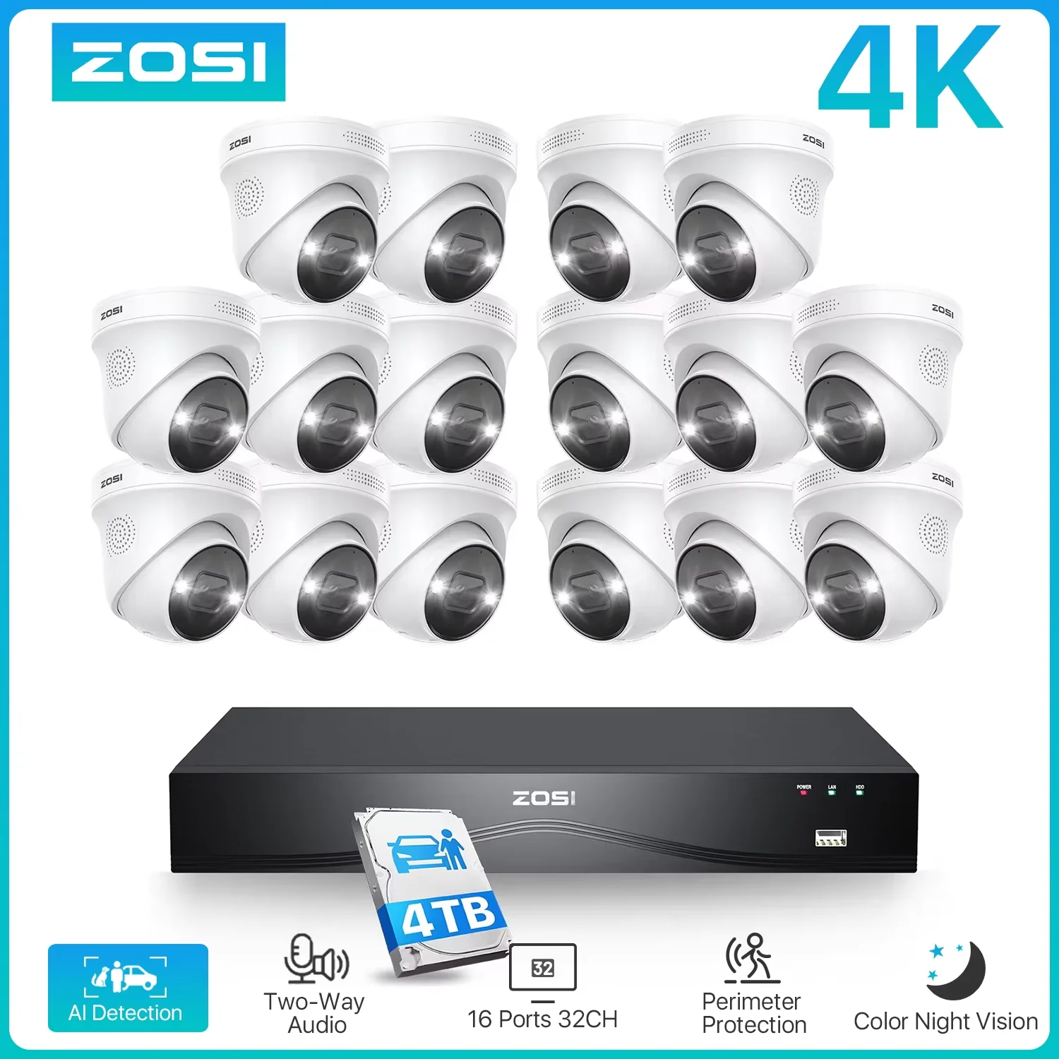 ZOSI 4K 8MP PoE Security Camera System 16 Port 32CH Dual-Disk NVR 4TB AI Detection Audio CCTV Surveillance for Home Business 1