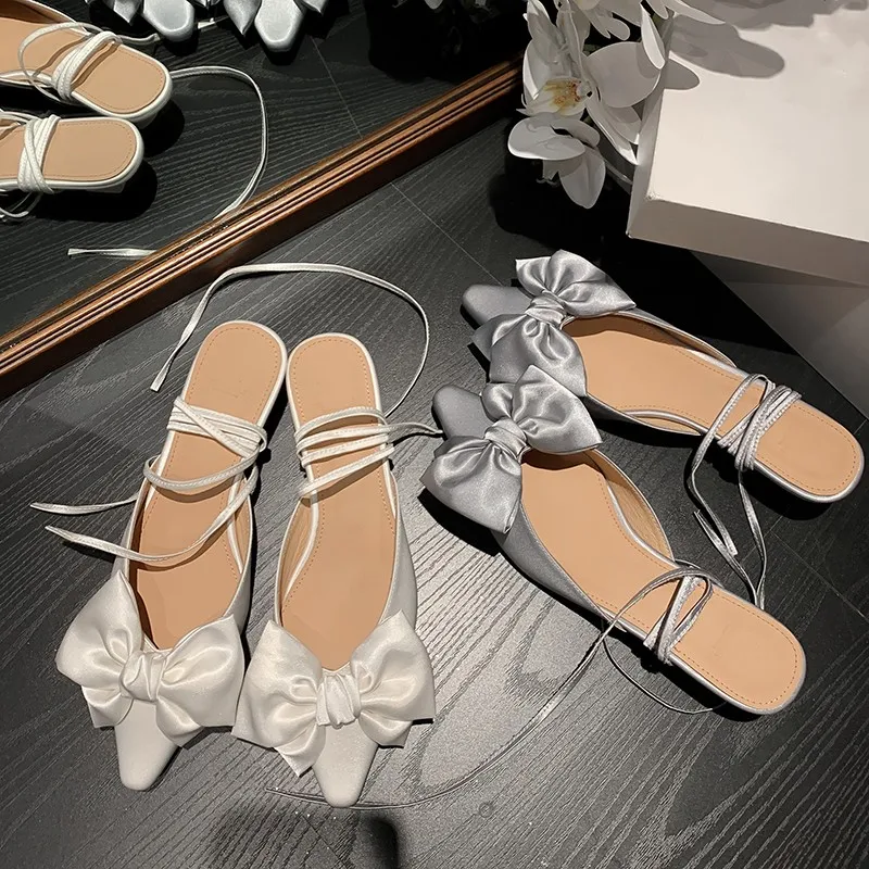 

Sweet Bow Fairy Style Flat Sandals Ankle Strap Women Shoes Pointed Toe Handmade Cross Strap Low Heel Designer Party Dress New