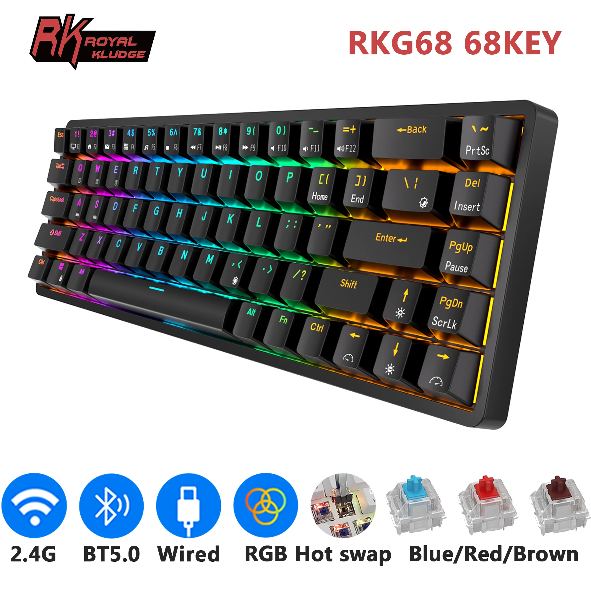 アイボリー×レッド ゲーム XBOX PCRK ROYAL KLUDGE RK68 Wireless Hot Swappable 65% Mechanical  Keyboard, 68 Key＿並行輸入品