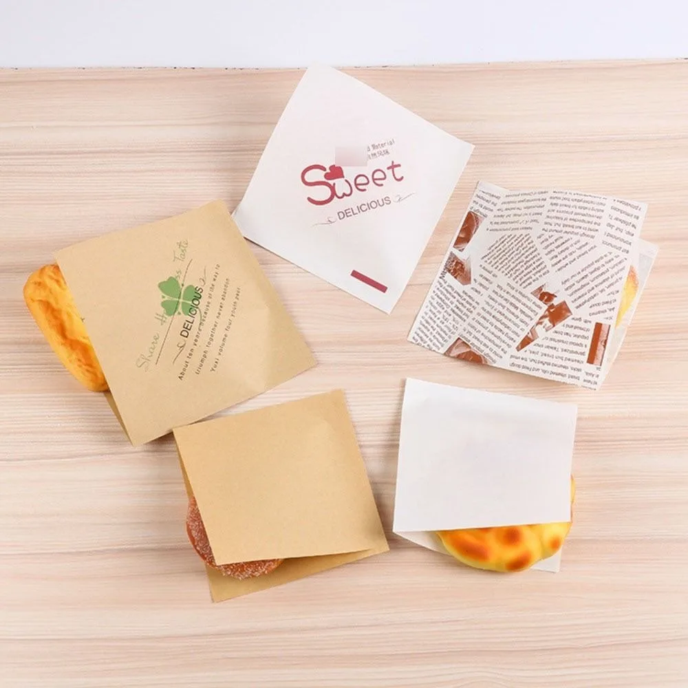 100Pcs Oilproof Triangular Open Kraft Paper Waterproof Square Sandwich Wrappers Printed Disposable Hamburger Pouch