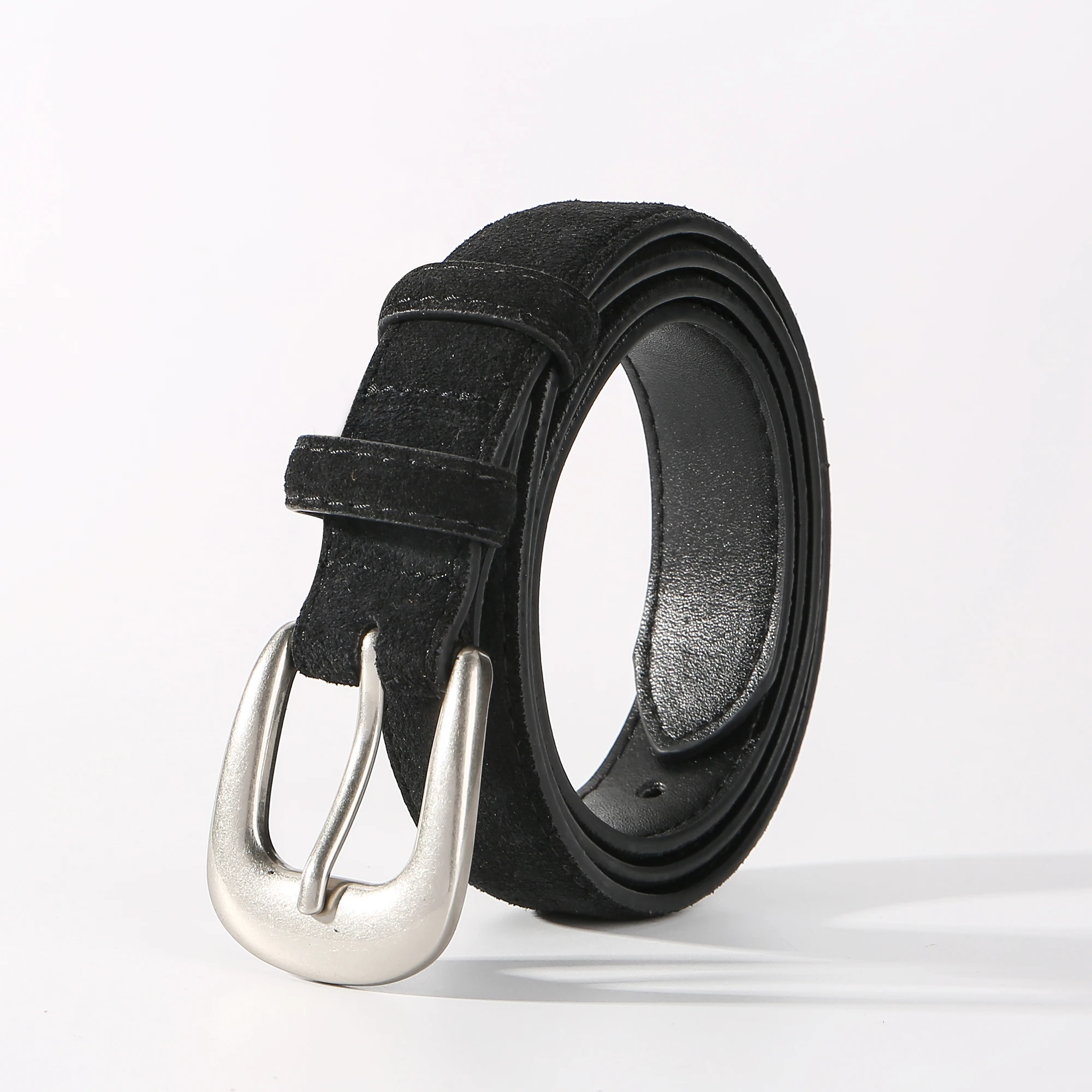 Women's Fashion Suede Leather Belt with Silver Buckle