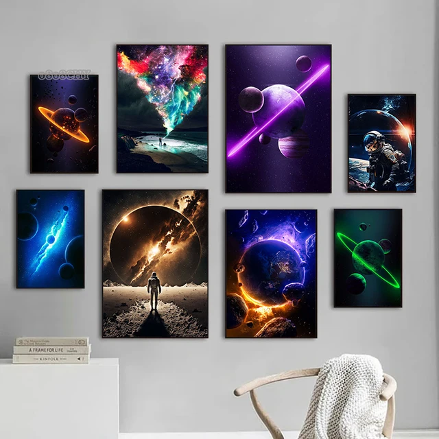 Carteles de lienzo de Color cielo para decoración de la habitación de los niños, impresiones de arte de pared, imágenes colgantes, planeta espacial, astronauta, Hogar Moderno 1