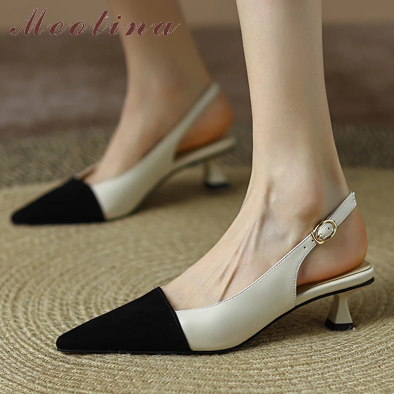

Meotina Women Genuine Leather Pointed Toe Mid Heel Slingbacks Pumps Buckle Strange Style Mixed Colors Heels Ladies Autumn Shoes