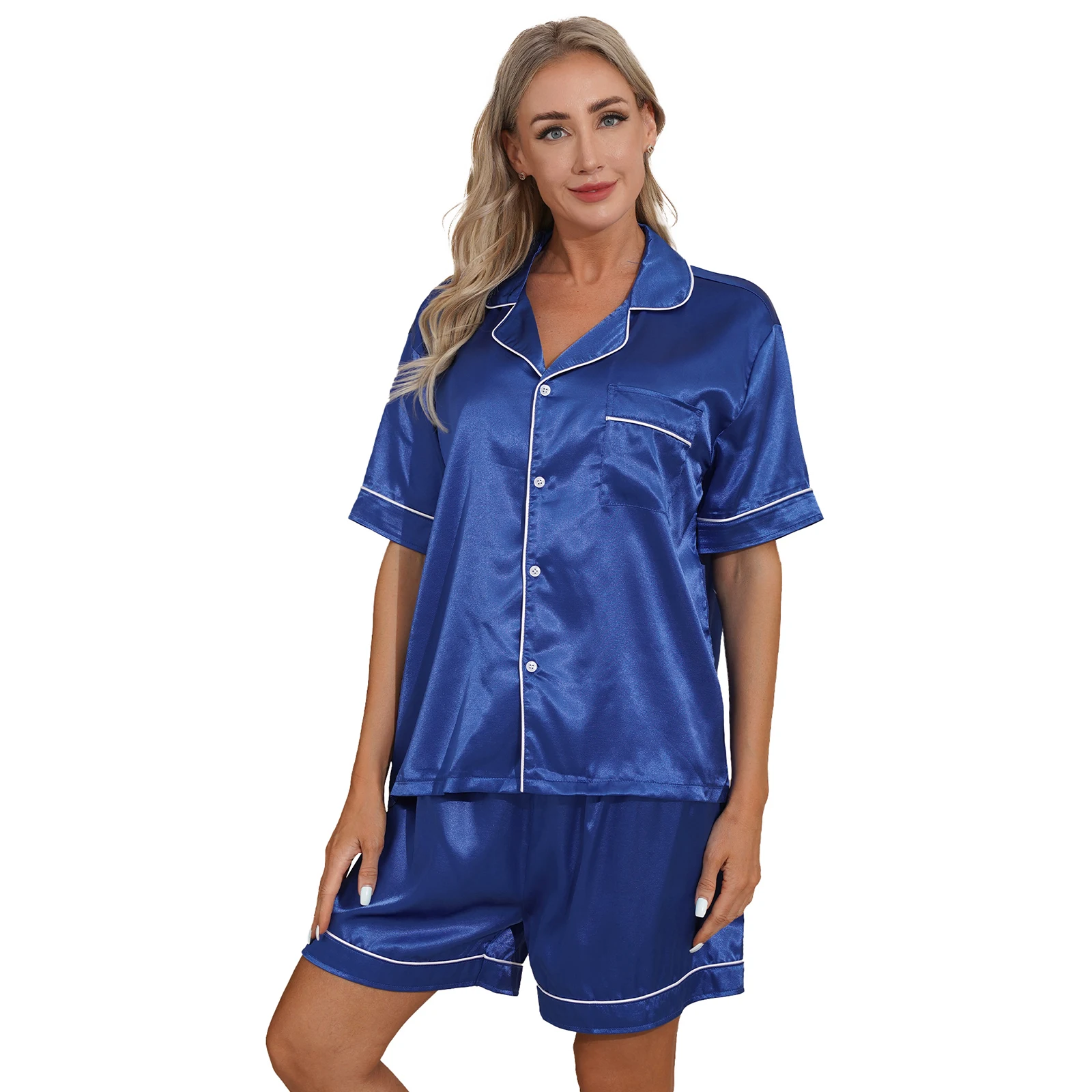 

2023 Womens Mens Silky Satin Pajamas Set Summer Short Sleeves Shirt Top+Boxer Shorts Pants Casual Adults Sleepwear Loungewear