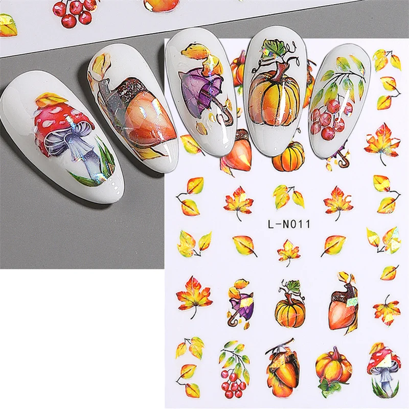 

1pcs 3D Golden Fall Leaf Nail Sticker Autumn Maple Design Nail Art Decora Pumpkin Mushroom Pine Nut Winter Decal Manicure Slider