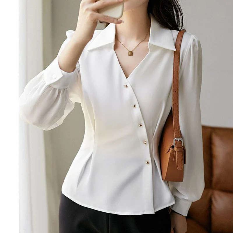 Elegant Chic Asymmetrical Office Lady Black Button Up Shirt Spring Autumn Fashion V Neck Long Sleeve Slim Tops Blouses for Women