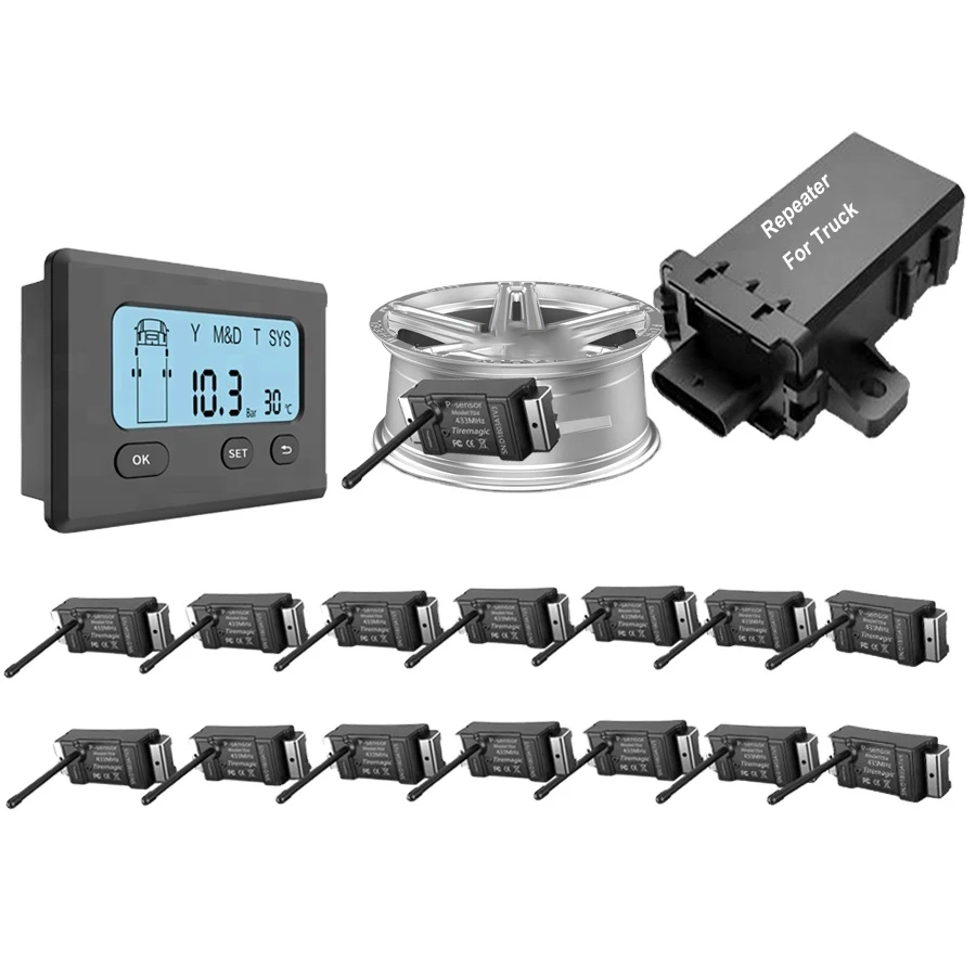 트럭 내부 무선 타이어 압력 시스템, 트럭 TPMS, 14 륜 200psi 센서 내장, 2.8 인치 LCD
