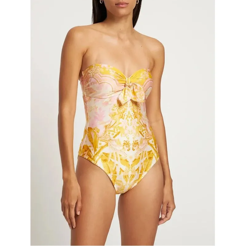 2023 New Strapless Backless Printed One-Piece Swimsuit Set for Women Vintage Bikini Bandeau Swimwear And Cover Up Beachwear