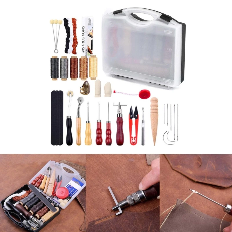 37Pcs Leather Craft Tools Kit Hand Sewing Professional Stitching Punch  Carving