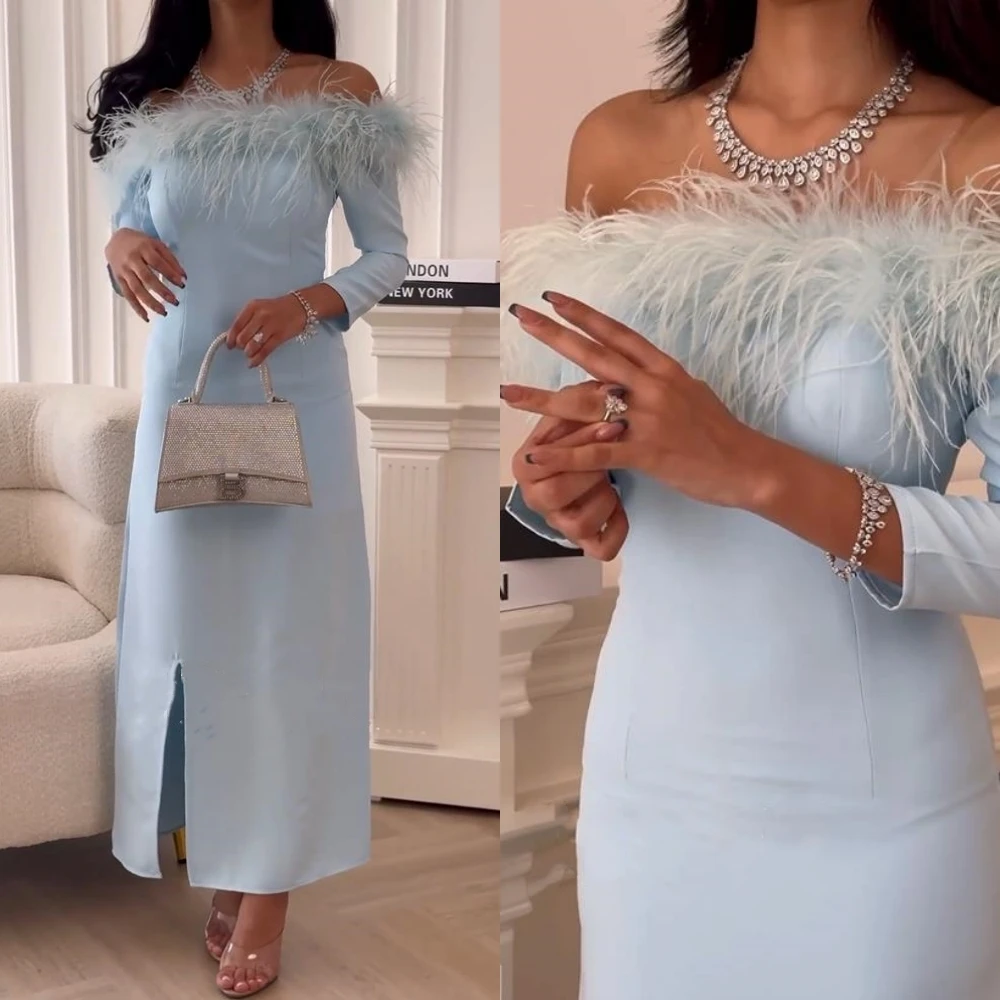 prom dress satin feather christmas a line one shoulder bespoke occasion dress ankle length saudi arabia Prom Dress Saudi Arabia Satin Feather Wedding Party A-line Off-the-shoulder Bespoke Occasion Dress Ankle-Length