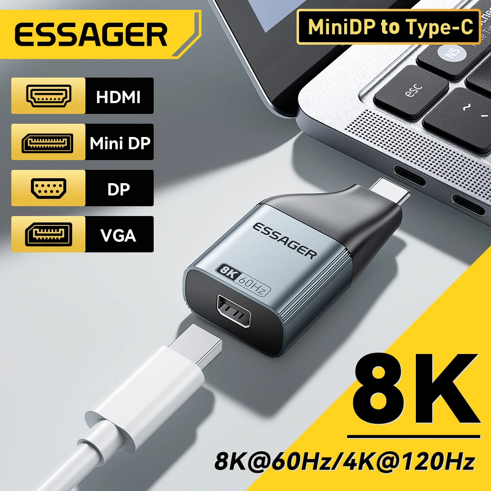 

Адаптер Essager USB Type-C в HDMI DP VGA Mini DP 8K @ 60Hz 4K @ 120Hz HD видеотранслятор для MacBook ПК ноутбука телефона