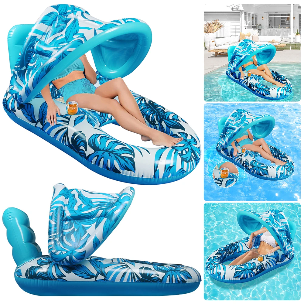 Inflatable Floating Bed with Sunshade Inflatable Water Sleeping Bed Floating Lounger Air Mattress for Swimming Pool Party 4