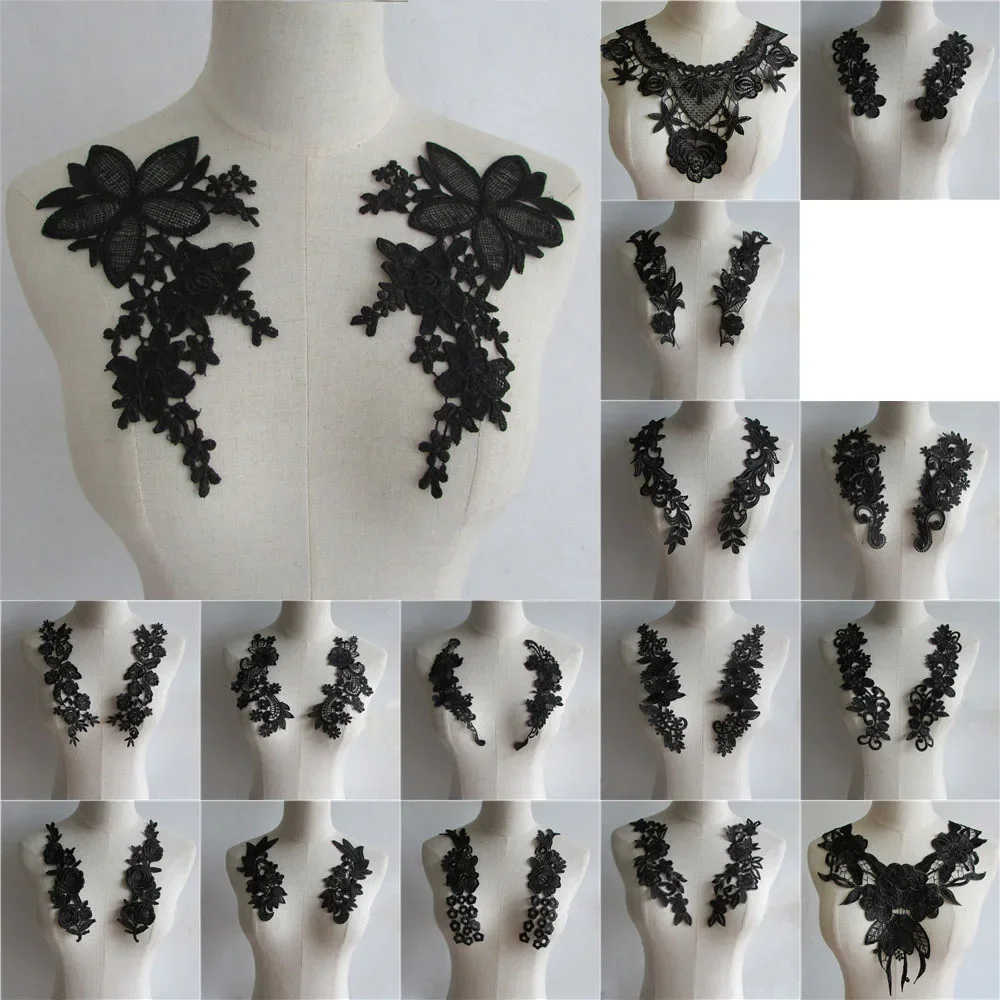 Fashion Embroidered Lace Collar DIY Sewing Lace Neckline Fabric Decoration Ladies Clothes Applique Black 1 Pair For Sale lace fabric lace sewing accessories lace sewing supplies lace accessories lace garment accessories clothing accessories lace decoration clothing craft accessories