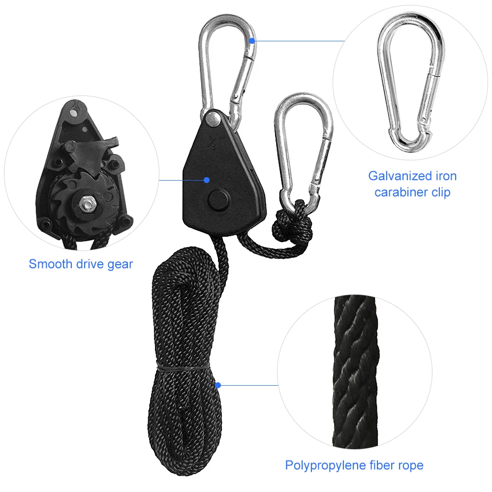 4PC Adjustable Lanyard Hanging for Tent Fan Grow Plant Lamp Pulley Ropes Pulley Lifting Hook 2M Heavy Duty Rope