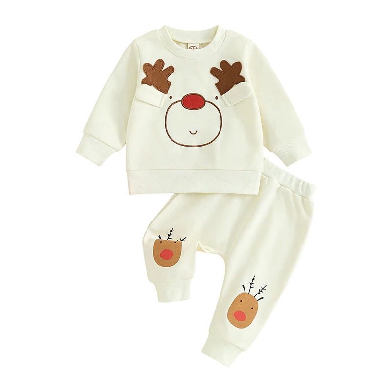 

Baby Boys Girls Sweater Cartoon Elk Long Sleeve Crew Neck Sweatshirt Plaid Pants Set Toddler Christmas Outfit