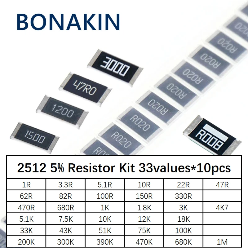 Комплект резисторов 2512 SMD, набор в ассортименте, 1 Ом-1М ом, 5%, 33 значения, 10 шт. = 330 шт., Набор для творчества 1 4 вт 30 значений набор металлических пленочных резисторов упаковка резисторов 10r 1m 50 значений 1% набор резисторов 1r 10m набор для творчества