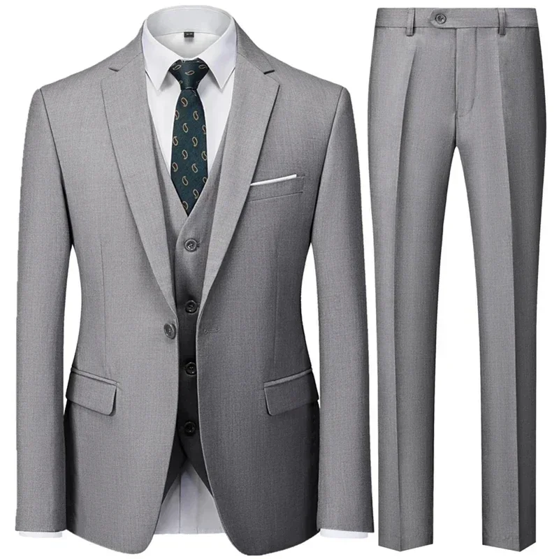 2024 Fashion Men's Casual Business Suit Jacket Pants Waistcoat 3 Pieces Set / Male Two Button Blazers Coat Trousers Vest