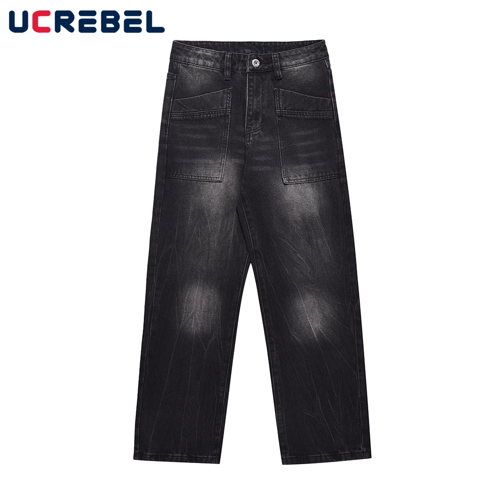 

Retro Gradient Dyed Washed Jeans Mens Loose Straight-leg Wide Leg Pants Men Denim Pants
