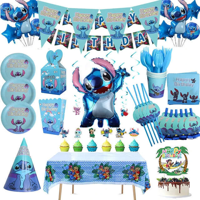 63 Pièces Stitch Anniversaire Vaisselle Kit, Lilo Stitch Décoration de  Fête, Comprend Ballons en Latex, Serviettes, Assiettes, Ballons à Foil,  pour