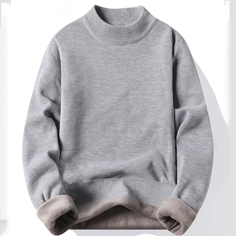 Winter New Men's Knitted Sweater with A Half High Collar Solid Color Plush and Warm Knitted Lining Top  Casual and Versatile Top 4