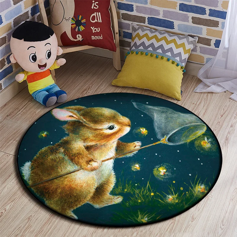 

Oil Painting Art Decorative Carpet Cartoon Rabbit Round Rug New Year Home Decorations Living Room Bedroom Non-slip Floor Mats