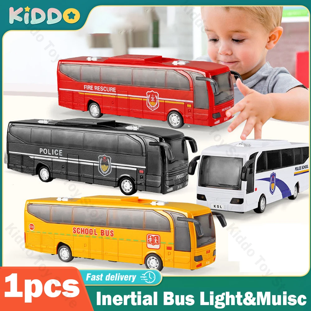 Inertial School Bus Light Music Bus Kids Toys Children Pull Back Car Model Bus Police Vehicle Educational Toys for Boys Gifts