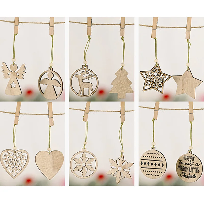 

12Pcs/set Christmas Decoration Natural Wood Ornament Star Heart Angel Snowflake Wood Craft DIY Christmas Tree Hanging Pendants