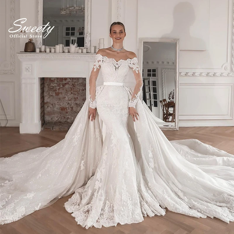 

Luxury Mermaid Detachable 2 In 1 Wedding Dress Embroidered Lace On Net With Ball Gown Boat Neck Full Sleeve Bride Dress Button