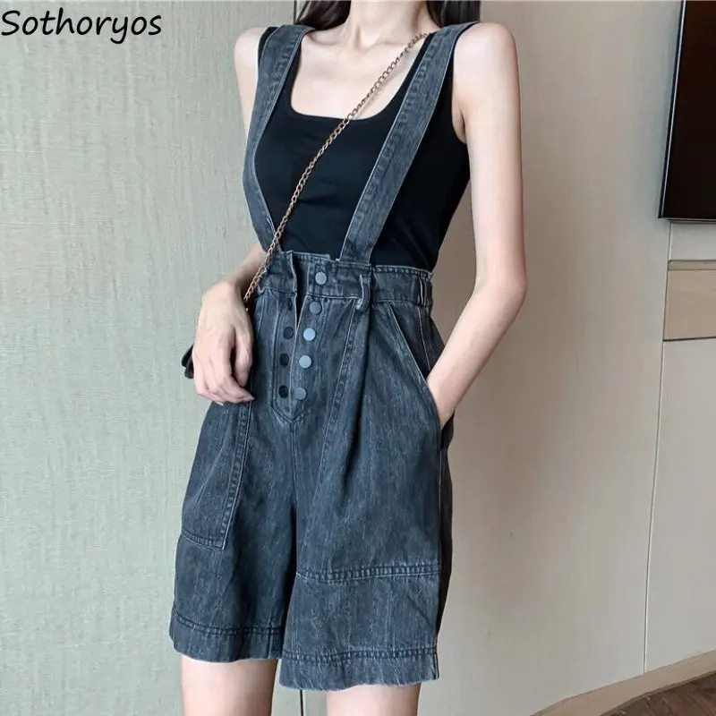 

Denim Rompers Women Simple Pockets Summer Fashion Korean Overalls High Waist Leisure Students All-match Daily New Retro Wide Leg