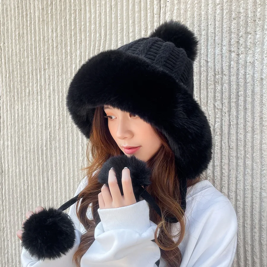 

Hats For Women Winter Beanie Knitted Thick Velvet Pompom Fur Keep Warm Ear Protection Windoproof Casual Winter Cap Female