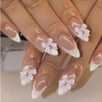 24Pcs Almond White French Press on Nails Pearl Bow False Nail Short Rhinestones Removable Nail stickers for Women and Girls